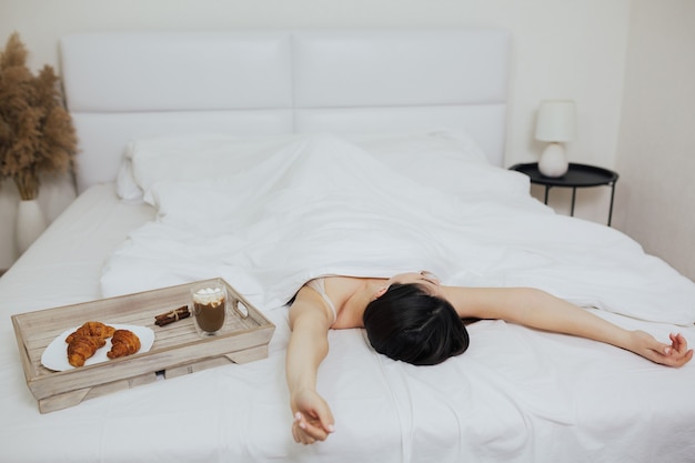 breakfast at home or hotel in bed for woman