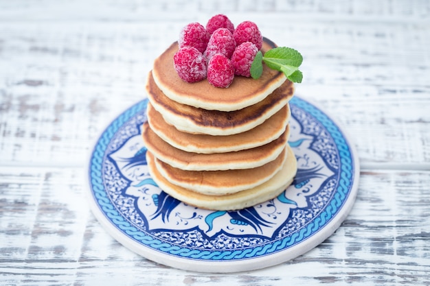 Breakfast: homemade pancakes with raspberry.