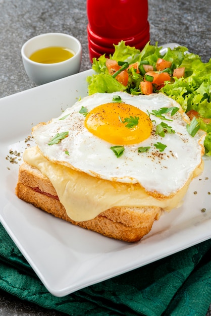 Завтрак. Горячий бутерброд. Сэндвич Croque madame. Традиционная французская кухня.