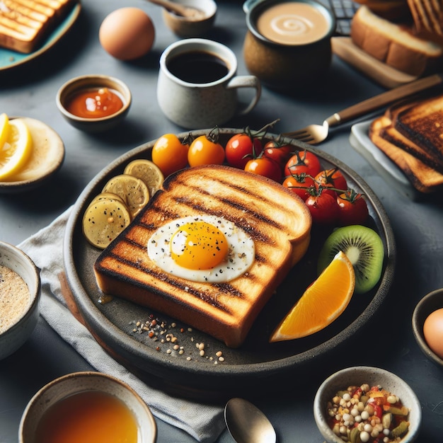 Фото Завтрак на кухне жареные яйца с беконом и овощами