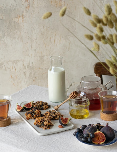 Breakfast on linen tablecloth in living room bright interior Cottagecore Aesthetics