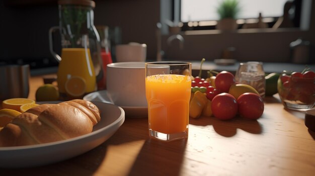 Foto mangiare succo d'arancia a colazione