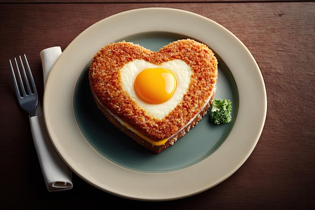 Breakfast meal with fried cutlet and cheese in form of heart shaped burger
