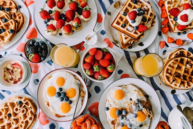 Foto menu della colazione servito al tavolo da pranzo fotografia pubblicitaria professionale di cibo