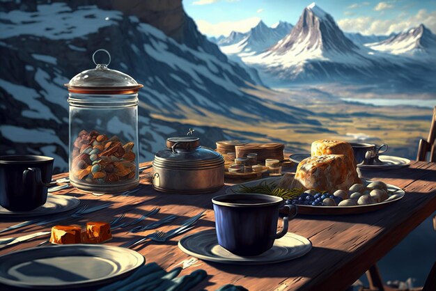 Breakfast at mountain peak perfect view travel and hiking them