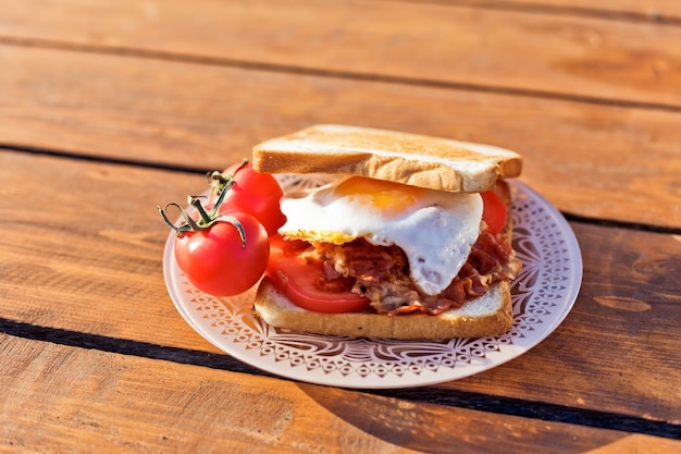 自然の中での朝食ベーコンフライドトーストと魔法瓶からのホットコーヒーと目玉焼き