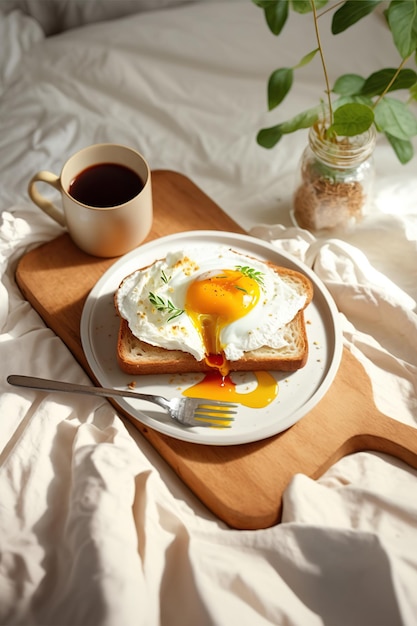 写真 白いベッドシーツで朝食 おはようポーチドエッグを添えたトースト コーヒーの花 ホテルの部屋 早朝のハネムーン aiジェネレーティブ