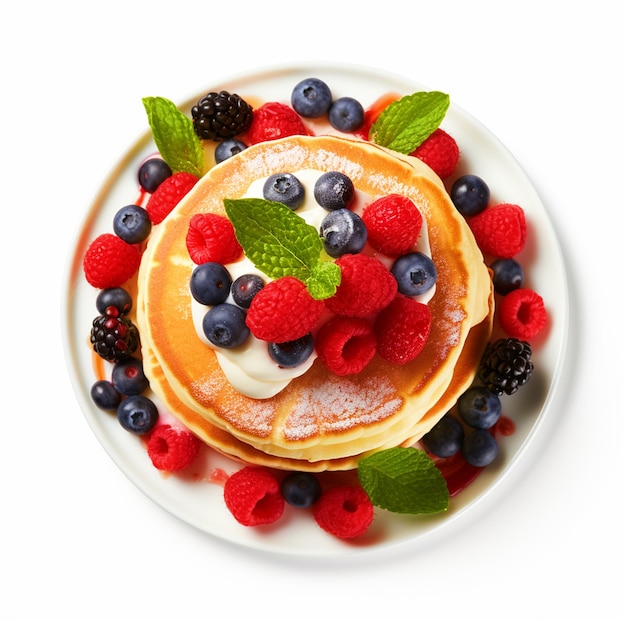 Breakfast pancake with berries on a plate top view with isolated white background