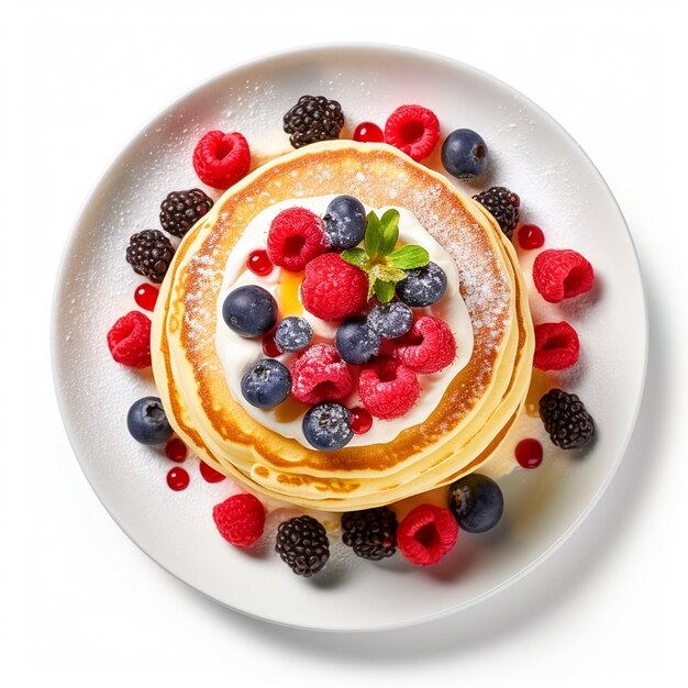 Breakfast pancake with berries on a plate top view with isolated white background