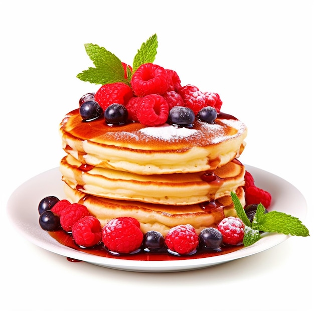 Breakfast pancake with berries on a plate with isolated white background