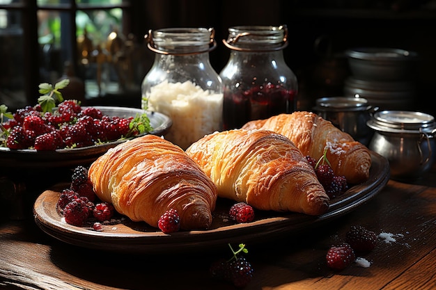 Breakfast Pastries with Fruity Spread on Rustic Surface