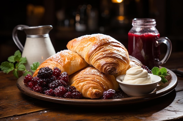 Breakfast Pastries with Fruity Spread on Rustic Surface