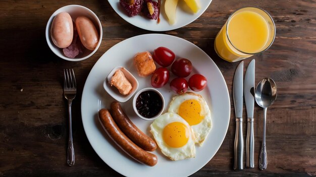 A breakfast plate containing cocktail sausagesfried eggscherry tomatoessweetsfruits and a glass