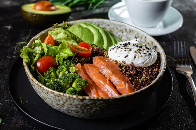 Breakfast in a plate Poached egg with avocado and lettuce