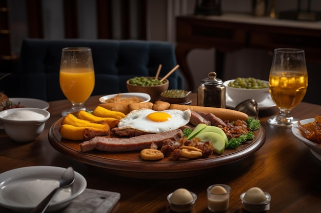 A breakfast plate with a breakfast on it and a glass of orange juice on the side.