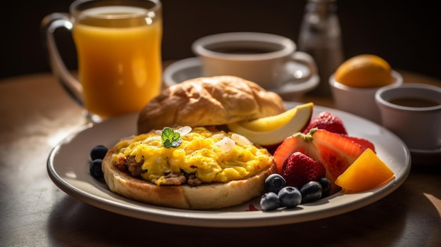 Breakfast plate with a breakfast sandwich and a glass of orange juice