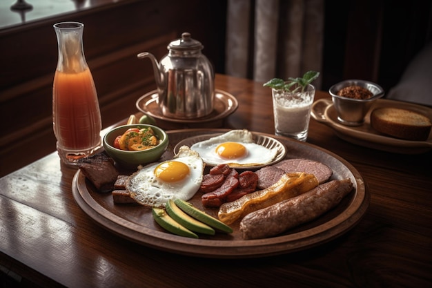 A breakfast plate with a cup of coffee and a glass of coffee on the table.