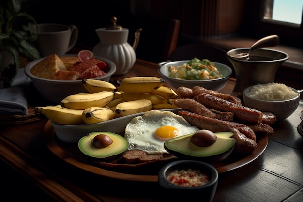 A breakfast plate with eggs, avocado, avocado, and other breakfast foods.