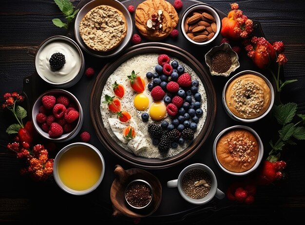 Breakfast plate with fruits and food