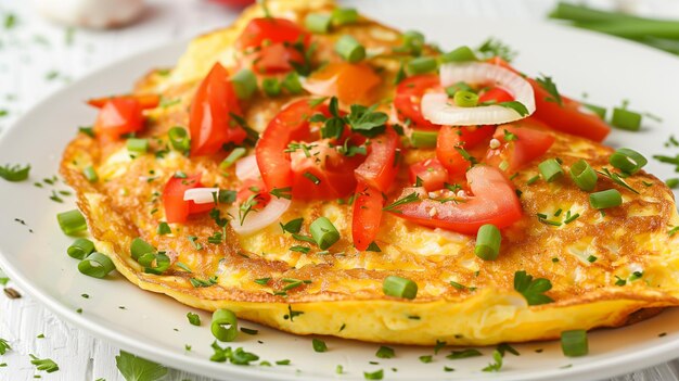 Photo a breakfast plate with a omelet on it and a plate of tomatoes and onions