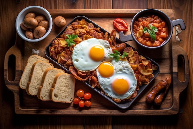 A breakfast platter with eggs and beans