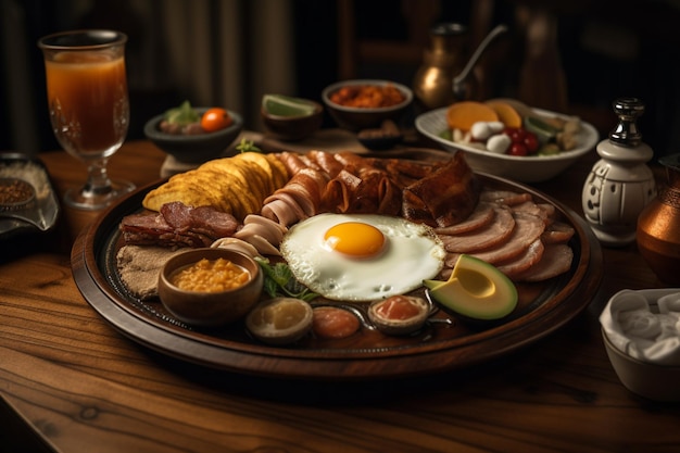 A breakfast platter with a fried egg and a glass of wine.