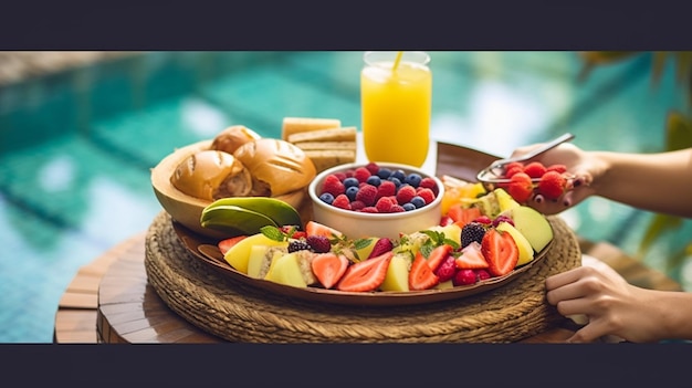 A breakfast platter with fruit and bread