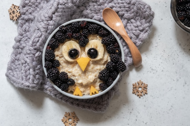 breakfast porridge with a penguin shape made of berries