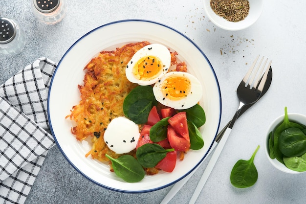 Breakfast Potatoes latkes with sour cream spinach salad tomatoes and boiled eggs on light background Delicious food for breakfast Top view