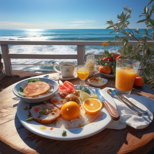 Photo breakfast in the restaurant on the beach generative ai