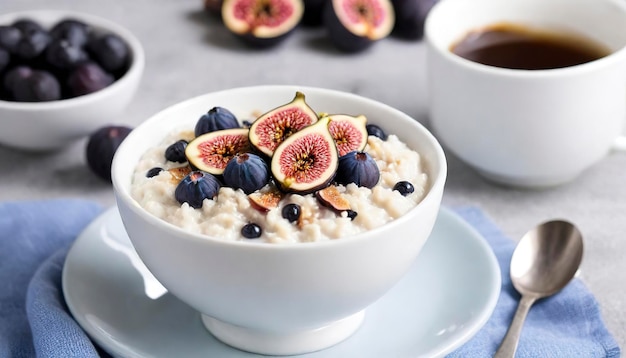 Breakfast rice pudding with figs and blueberries and a cup of coffee