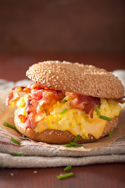 Breakfast sandwich on bagel with egg bacon cheese