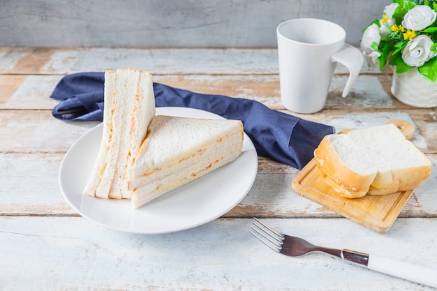 Breakfast, sandwich bread on a wooden table