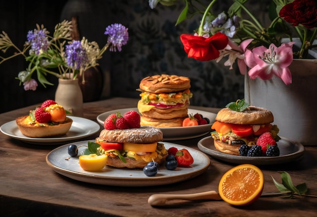 Breakfast sandwiches and fruit on plates