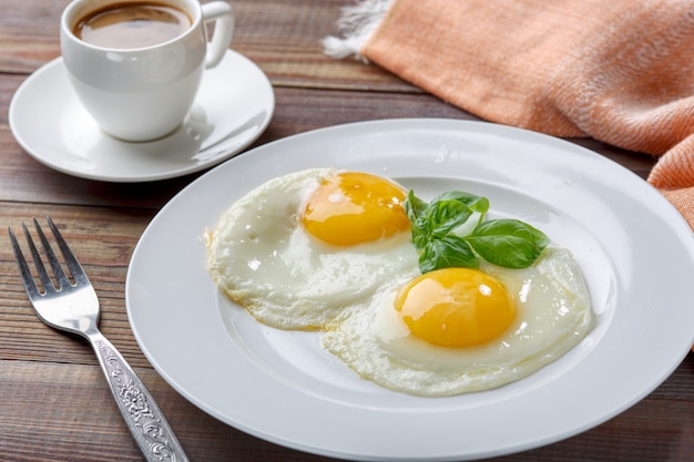 Breakfast scrambled eggs and fresh coffee