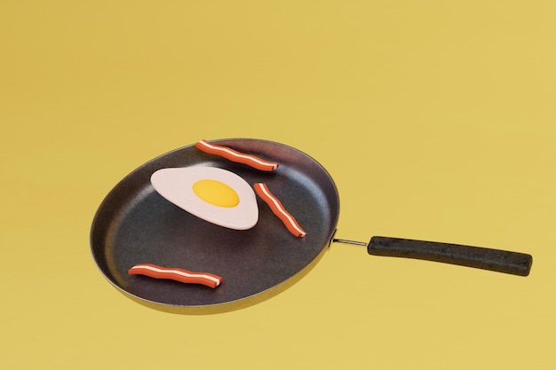 Photo breakfast of scrambled eggs and sausages in a pan on yellow background 3d render