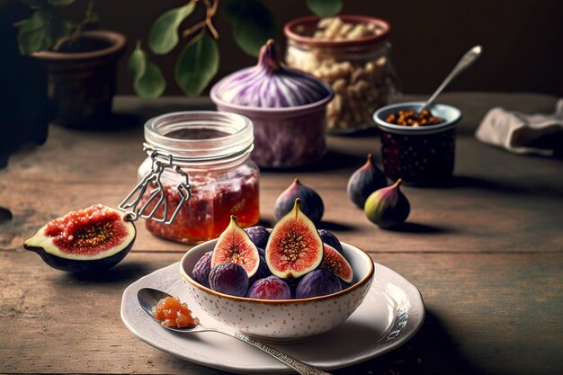 Photo breakfast served on table with fresh purple figs and fig jam in bowl