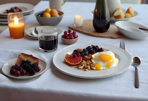 Фото Завтрак с жареными яйцами, фруктами и тостами на столе.