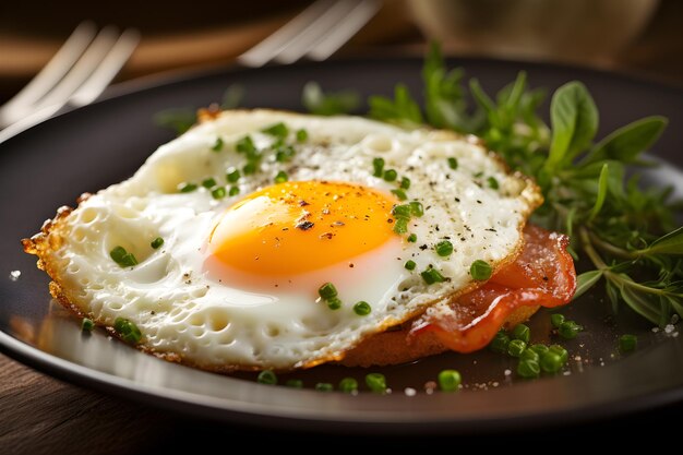 Breakfast set fried egg vegetable herbs and bacon On the table