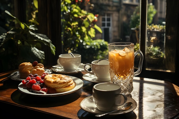 Breakfast set on the table near window glass with natural sunshine Generative AI Illustration