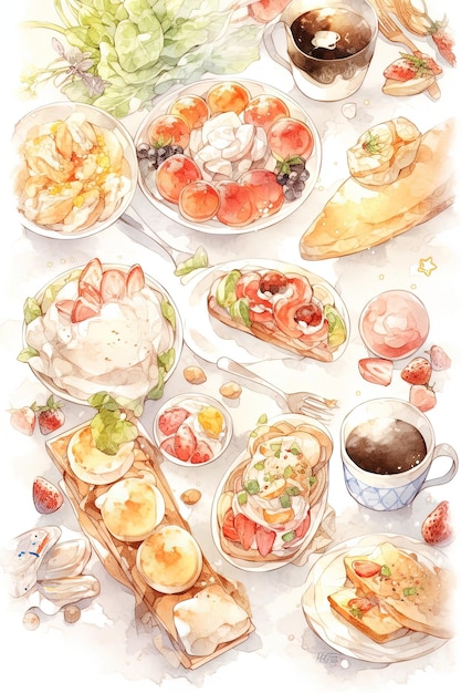 朝食セット さまざまな朝食の水彩手描き風イラスト