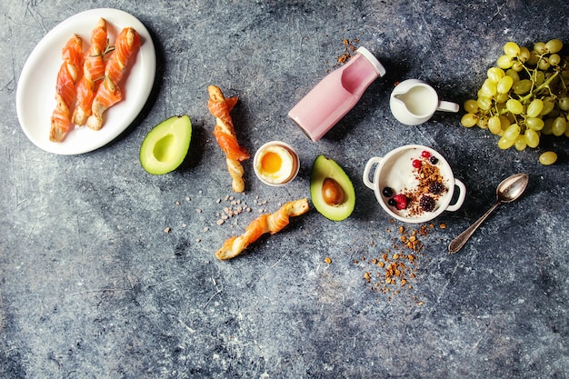 Breakfast set with salmon and yogurt