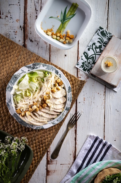 Breakfast set with various food on the table