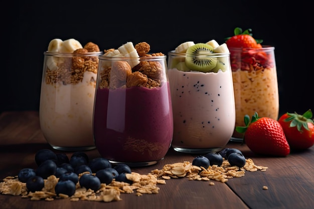 Breakfast smoothie with fresh fruit protein powder and granola created with generative ai