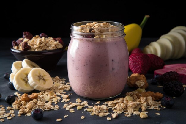 Breakfast smoothie with fresh fruit protein powder and granola created with generative ai