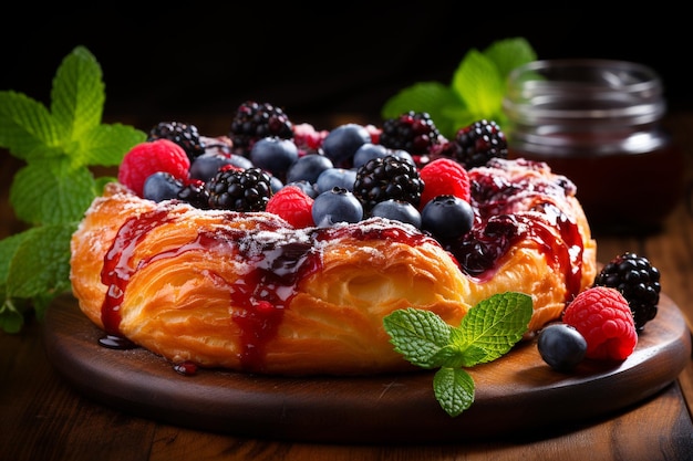 Breakfast Spread Danish Pastry with Jam and Fresh Berries