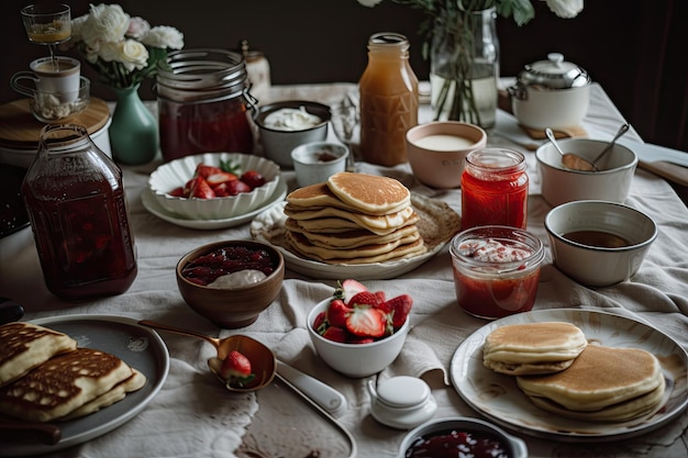 Breakfast spread with pancakes strawberries and homemade jam created with generative ai