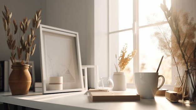 Breakfast still life Cup of coffee books and empty picture frame mockup on wooden desk table