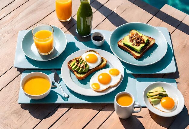 Photo breakfast on a table including eggs avocado and orange juice