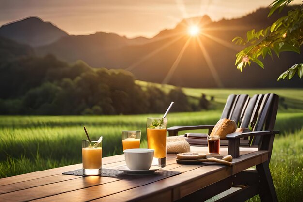 Breakfast on a table in the mountains